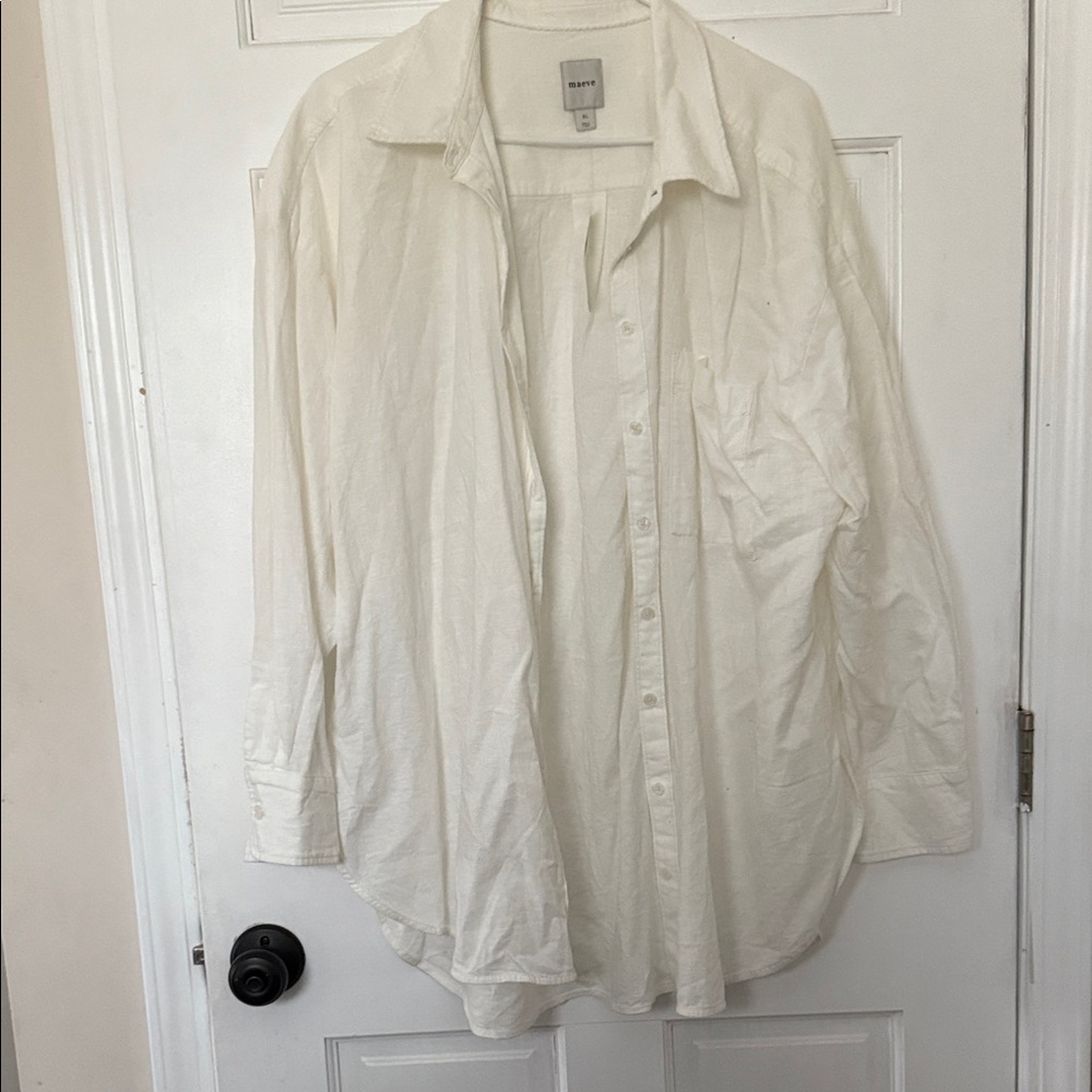 NWT Anthropologie  MaeveLinen Blend Bennett White Button Down Shirt Oversized